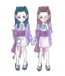  2girls ace_attorney aged_down black_hair blush braid closed_mouth crying crying_with_eyes_open dahlia_hawthorne full_body geta holding_hands iris_(ace_attorney) jacket japanese_clothes jewelry kimono long_hair long_sleeves looking_at_another magatama magatama_necklace matching_hairstyle multiple_girls necklace oyoyo_pe phoenix_wright:_ace_attorney_-_trials_and_tribulations pink_sash purple_jacket redhead rubbing_eyes sash short_kimono siblings simple_background sisters standing tears twins white_background wiping_tears 