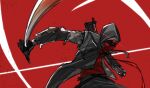  absurdres arknights black_jacket black_pants character_request commentary_request glowing glowing_eye highres holding holding_sword holding_weapon hood hood_up hooded_jacket jacket katana looking_at_viewer pants red_background red_eyes red_shirt shirt shoshu simple_background sword weapon 