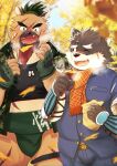  2boys animal_hands autumn autumn_leaves character_request claws copyright_request dog_tags furry furry_male gloves green_gloves haiiro_oekaki highres male_focus multiple_boys scarf short_sleeves 