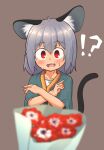  ! 1girl ? absurdres animal_ears collarbone crossed_arms flower greenpiecerice grey_hair grey_vest highres looking_at_viewer medium_hair mouse_ears mouse_girl mouse_tail nazrin nervous nervous_smile red_eyes red_flower smile sweatdrop tail touhou two-sided_fabric two-sided_headwear vest 