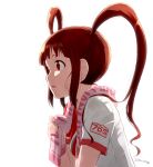  1girl artist_name bow brown_eyes brown_hair dated gym_uniform hair_bow holding holding_towel idolmaster idolmaster_million_live! idolmaster_million_live!_theater_days long_hair looking_at_another matsuda_arisa nagian open_mouth simple_background solo sweat towel twintails white_background 