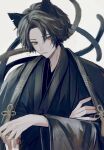  1boy aohi_2wa bishounen black_hair cat cat_boy cat_tail highres japanese_clothes male_focus multiple_tails original short_hair solo tail tassel upper_body white_background yellow_eyes 