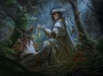  1boy 1girl artist_name axe black_footwear black_hair boots bug butterfly european_clothes forest gloves hat hatchet_(axe) highres magic:_the_gathering mushroom nature nereida_art outdoors pants scar scar_on_cheek scar_on_face tree tricorne watermark white_gloves 