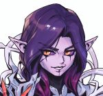  1boy armor character_request colored_sclera facial_mark league_of_legends long_hair looking_at_viewer orange_eyes parted_bangs phantom_ix_row pink_sclera pointy_ears portrait purple_hair simple_background slit_pupils solo teeth white_background 