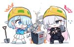 2girls a.r.o.n.a_(blue_archive) absurdres aqua_hair arona_(blue_archive) bags_under_eyes black_coat black_eyes black_skirt blue_archive blue_eyes braid chibi coat computer computer_tower flying_sweatdrops grey_hair hair_over_one_eye hardhat helmet highres long_hair long_sleeves mallet multiple_girls open_clothes open_coat open_mouth pink_hair pleated_skirt short_hair shovel side_braid simple_background skirt smoke sweat very_long_hair white_background white_skirt wrench yanggaengwang 