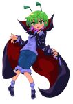 1girl :d absurdres antennae black_cape black_footwear blue_shorts blush breasts cape collared_shirt commentary full_body green_eyes green_hair highres long_sleeves looking_at_viewer makapiii one-hour_drawing_challenge open_mouth purple_shirt purple_socks red_cape shirt shoes short_hair shorts simple_background small_breasts smile socks solo teeth touhou two-sided_cape two-sided_fabric upper_teeth_only white_background wriggle_nightbug 