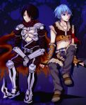  2boys armband armor armored_boots assassin_cross_(ragnarok_online) black_hair black_pants black_shirt blue_eyes blue_hair boots brown_footwear brown_gloves brown_shirt brown_shorts closed_mouth commentary_request crop_top expressionless fingerless_gloves full_body fur-trimmed_gloves fur-trimmed_shirt fur-trimmed_shorts fur_trim gloves grey_pants hair_between_eyes hair_over_one_eye looking_afar looking_to_the_side male_focus midriff multiple_boys navel open_clothes open_mouth open_shirt pants pants_under_shorts pauldrons ragnarok_online red_eyes red_scarf scarf shiosumi_aya shirt shoes short_hair shorts shoulder_armor sitting skull sleeveless sleeveless_shirt sniper_(ragnarok_online) torn_scarf two-tone_gloves two-tone_shirt vambraces 