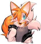  1boy animal_nose aqua_eyes black_choker blue_eyes blush choker fox_boy furry furry_male highres jacket looking_to_the_side male_focus multiple_tails simple_background solo sonic_(series) tail tails_(sonic) two_tails upper_body usa37107692 white_background 