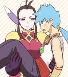  1boy 1girl animal_ears black_eyes black_gloves black_hair blue_eyes blue_hair breasts breath_of_fire breath_of_fire_iv bun_cover carrying chinese_clothes closed_mouth dress eyeshadow gloves jewelry makeup minashirazu necklace open_mouth princess_carry ryuu_(breath_of_fire_iv) short_hair simple_background ursula_(breath_of_fire) 