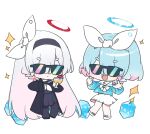  2girls :&lt; a.r.o.n.a_(blue_archive) absurdres aqua_hair arona_(blue_archive) black_coat black_hairband black_pantyhose black_skirt blue_archive braid chibi closed_mouth coat cup futagoma hairband halo highres holding holding_cup long_hair long_sleeves multicolored_hair multiple_girls open_mouth pantyhose pink_hair pyroxene_(blue_archive) sailor_collar school_uniform serafuku short_hair side_braid simple_background skirt sparkle sunglasses tinted_eyewear very_long_hair white_background white_skirt 