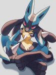  1other commentary_request furry hand_up head_tilt highres kuchiba_(jret2454) looking_at_viewer lucario pink_eyes pokemon pokemon_(creature) signature sitting solo spikes yellow_fur 