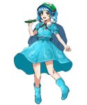  1girl :d backpack bag blue_eyes blue_footwear blue_hair boots breasts cucumber food fruit full_body hair_bobbles hair_ornament hat highres holding holding_food holding_fruit kawashiro_nitori key kuya_(hey36253625) looking_at_viewer medium_breasts medium_hair open_mouth rubber_boots skirt smile solo touhou two_side_up 