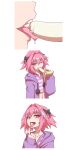  1boy absurdres androgynous astolfo_(fate) astolfo_(memories_at_trifas)_(fate) banana_peel black_bow bow braid crossdressing fang fate/apocrypha fate/grand_order fate_(series) hair_ribbon hej_(mugmnm51) highres hood hoodie jacket long_braid long_hair long_sleeves looking_at_viewer male_focus multicolored_hair navel official_alternate_costume open_mouth otoko_no_ko pink_hair purple_hoodie purple_jacket ribbon shirt single_braid skin_fang smile streaked_hair striped striped_shirt violet_eyes 