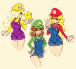  3girls artist_name blonde_hair blue_eyes blue_overalls breasts brown_hair cosplay covered_collarbone cropped_legs earrings flower_earrings gloves green_headwear green_shirt groin hair_over_one_eye hand_up hat highres holding jewelry large_breasts long_hair looking_at_viewer luigi luigi_(cosplay) luma_(mario) mario mario_(cosplay) multiple_girls overall_shorts overalls oxcoxa princess_daisy princess_peach purple_overalls red_headwear red_shirt rosalina shirt simple_background smile star_(symbol) super_mario_bros. super_mario_galaxy v wario wario_(cosplay) white_gloves yellow_headwear yellow_shirt 