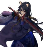 1girl animal_ear_fluff animal_ears arknights arm_guards black_hair black_kimono brown_eyes closed_mouth commentary dog_ears facial_mark forehead_mark highres holding holding_sword holding_weapon japanese_clothes kimono long_hair long_sleeves looking_at_viewer macreeeeee saga_(arknights) simple_background solo sword two-handed very_long_hair weapon white_background wide_sleeves 