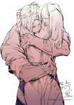  1boy 1girl alphen_(tales) closed_mouth couple dress greyscale hetero hug long_hair monochrome mutual_hug nukegara102 ponytail shionne_(tales) shirt simple_background sketch sleeves_rolled_up tales_of_(series) tales_of_arise upper_body very_long_hair white_background 
