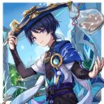  1boy armor blue_hair blurry blurry_foreground clouds cookie day eyeshadow food genshin_impact gift gift_bag hand_on_headwear hat highres japanese_armor japanese_clothes jingasa kote kurokote looking_at_viewer makeup male_focus outdoors parted_lips red_eyeshadow scaramouche_(genshin_impact) sky solo ta_nuki throwing violet_eyes vision_(genshin_impact) wanderer_(genshin_impact) 