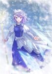  1girl hat highres holding holding_staff ice kyabekko letty_whiterock light_purple_hair long_sleeves looking_at_viewer perfect_cherry_blossom scarf snow snowflakes snowing staff tiara touhou violet_eyes white_headwear white_scarf wind 