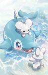  ^_^ absurdres blue_eyes blush blush_stickers closed_eyes commentary_request finizen highres in_water looking_at_another multicolored_eyes no_humans nullma on_head open_mouth partially_submerged pink_eyes pokemon pokemon_(creature) pokemon_on_head solid_circle_eyes swimming tandemaus water 