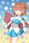  1girl arle_nadja armor blue_skirt blush breastplate brown_hair cape highres looking_at_viewer madou_monogatari miyakomu ponytail puyopuyo red_cape skirt solo star_(symbol) yellow_eyes 