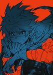  1boy boku_no_hero_academia bruise bruise_on_face cape closed_mouth freckles gloves green_eyes hand_up highres injury knee_up looking_at_viewer male_focus matsuya_(pile) midoriya_izuku red_background red_sleeves short_hair solo torn_cape torn_clothes 