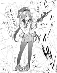  1girl abonnu_(adooonnu) ahoge blue_archive blush_stickers firing fubuki_(blue_archive) greyscale gun hat highres holding holding_gun holding_weapon jacket long_hair monochrome necktie pantyhose police_hat shoes sneakers twintails walkie-talkie weapon 