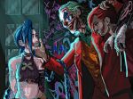  1boy 2girls arcane:_league_of_legends arcane_jinx arcane_vi arm_tattoo arms_behind_back arms_up batuhu bdsm blood blood_on_face blood_on_hands blue_hair bondage bound bound_wrists braid captivity chain chained chest_tattoo clown crossover facepaint facial_tattoo formal graffiti green_hair hair_over_one_eye hand_wraps highres jacket jinx_(league_of_legends) joker_(2019) joker_(dc) league_of_legends long_hair midriff multiple_girls neck_tattoo open_clothes open_jacket red_suit redhead short_hair shoulder_tattoo stomach_tattoo suit tattoo tears tears_from_one_eye twin_braids vi_(league_of_legends) wrist_cuffs 