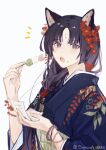  1girl animal_ears arknights black_hair black_kimono brown_eyes commentary_request dango dog_ears facial_mark flower food food_on_face forehead_mark hair_flower hair_ornament hair_over_shoulder highres holding holding_food japanese_clothes kimono long_hair long_sleeves looking_at_viewer notice_lines open_mouth red_flower saga_(arknights) sanshoku_dango simple_background solo twitter_username upper_body very_long_hair wagashi white_background woyebuzhidaoxiesha 