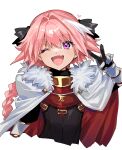  1boy astolfo_(fate) black_bow bow braid capelet cropped_torso fang fate/apocrypha fate/grand_order fate_(series) fur-trimmed_capelet fur_trim hair_bow hair_ribbon highres long_braid long_hair looking_at_viewer male_focus multicolored_hair one_eye_closed open_mouth otoko_no_ko pink_hair ribbon single_braid skin_fang smile solo streaked_hair v violet_eyes white_hair yadayada 