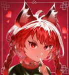  1girl animal_ear_fluff braid cat closed_mouth commentary_request dress fang fang_out finger_to_mouth green_dress hand_up heart highres kaenbyou_rin lips long_hair looking_at_viewer portrait red_background red_eyes redhead simple_background solo touhou twin_braids yomatsuri_(festival_night) 