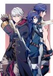  1girl 2boys ameno_(a_meno0) arm_tattoo armor back-to-back belt black_gloves black_robe black_sweater blue_cape blue_eyes blue_gloves blue_hair border brown_belt brown_eyes cape chrom_(fire_emblem) closed_mouth commentary_request falchion_(fire_emblem) father_and_daughter fingerless_gloves fire_emblem fire_emblem_awakening gloves grey_gloves grey_pants hair_between_eyes highres holding holding_sword holding_weapon hood hood_down hooded_robe levin_sword long_hair long_sleeves looking_at_viewer lucina_(fire_emblem) multiple_boys outside_border pants pauldrons profile ribbed_sweater robe robin_(fire_emblem) robin_(male)_(fire_emblem) serious short_hair shoulder_armor sweater sword tattoo tiara weapon white_border white_hair 