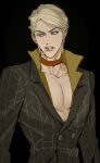  1boy arrow_print blonde_hair cigarette collar formal highres jojo_no_kimyou_na_bouken male_focus mouth_hold no_shirt pectorals prosciutto solo suit upper_body user_dapv2434 vento_aureo 