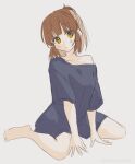  1girl arle_nadja black_shirt blush brown_hair looking_at_viewer madou_monogatari nakotorinko on_ground ponytail puyopuyo shirt simple_background sitting solo yellow_eyes 