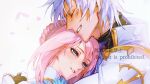  1boy 1girl alphen_(tales) blue_eyes blush braid close-up closed_eyes couple crying crying_with_eyes_open dress gloves gold_trim grey_hair highres hug jacket nukegara102 parted_lips petals pink_hair shionne_(tales) smile tales_of_(series) tales_of_arise tears white_background white_dress white_jacket 