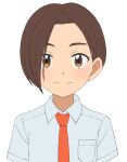  1boy breast_pocket brown_eyes brown_hair closed_mouth collared_shirt commentary_request florian_(pokemon) guranaada male_focus necktie orange_necktie pocket pokemon pokemon_(game) pokemon_sv school_uniform shirt short_hair short_sleeves simple_background smile solo split_mouth upper_body white_background white_shirt 