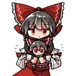  1girl :/ bags_under_eyes black_hair bow closed_mouth cowboy_shot doll dot_nose dress expressionless fumo_(doll) hakurei_reimu holding holding_doll japanese_clothes kasuya_baian large_bow light_blush miko red_bow red_dress red_eyes solo touhou upper_body white_background 