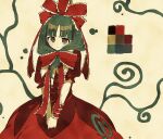  1girl @_@ blush bow closed_mouth color_guide commentary cowboy_shot dress frilled_bow frilled_ribbon frills front_ponytail green_eyes green_hair hair_bow hair_ribbon highres kagiyama_hina long_hair looking_at_viewer nama_udon own_hands_together red_bow red_dress ribbon simple_background smile solo touhou v_arms 
