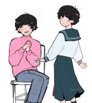  1girl black_eyes black_hair blush bowl_cut chair closed_eyes closed_mouth commentary english_commentary genderswap genderswap_(mtf) grey_pants hair_ornament hairclip highres kageyama_shigeo kaogens long_sleeves looking_at_viewer mob_psycho_100 multiple_views open_mouth own_hands_clasped own_hands_together pants pink_sweater sailor_collar school_uniform serafuku shirt short_hair simple_background sitting skirt standing sweater white_background white_shirt 