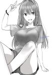  10131310 1girl aozaki_aoko artist_name bracelet breasts commentary_request hair_intakes highres jewelry large_breasts long_hair mahou_tsukai_no_yoru monochrome shirt shorts sitting solo v white_background 