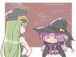  2girls alina_gray belt black_cape black_headwear black_shirt blush brown_belt cape chibi closed_eyes detached_sleeves green_eyes green_hair hand_on_hip hat highres komatsu_tsumako long_hair looking_at_another magia_record:_mahou_shoujo_madoka_magica_gaiden magical_girl mahou_shoujo_madoka_magica misono_karin multiple_girls open_mouth parted_bangs peaked_cap pink_ribbon puffy_short_sleeves puffy_sleeves purple_hair ribbon shirt short_sleeves skirt smile standing straight_hair two_side_up white_skirt witch_hat 