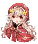  1girl bell beret blonde_hair borrowed_character cape hat highres jingle_bell long_hair looking_at_viewer open_mouth original pom_pom_(clothes) red_cape red_eyes red_headwear smile snowflakes wavy_hair yadayada 