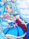  1girl blue_dress blue_eyes blue_hair blue_sky bow cape closed_mouth clouds cloudy_sky commentary cure_sky day detached_sleeves dress earrings fingerless_gloves frilled_dress frills gloves gradient_hair hairband hirogaru_sky!_precure jewelry legs_up long_hair looking_at_viewer magical_girl medium_dress multicolored_hair outdoors pink_bow pink_hairband precure puffy_detached_sleeves puffy_sleeves sakuma_(yr_0920) sky sky_mirage sleeveless sleeveless_dress smile solo sora_harewataru standing streaked_hair thigh-highs twintails two-sided_cape two-sided_fabric very_long_hair white_gloves white_thighhighs wing_hair_ornament 