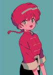  1girl artist_name blue_background blue_eyes blush_stickers braid braided_ponytail breasts hair_between_eyes happy highres menma_(enaic31) open_mouth ranma-chan ranma_1/2 redhead simple_background solo twitter_username 