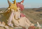  2girls animal animal_ear_fluff animal_ears arknights bird blonde_hair blue_hairband blue_sky brown_dress clouds commentary_request covered_mouth day dress flower fox_ears fox_girl fox_tail green_eyes hair_between_eyes hair_flower hair_ornament hairband highres kitsune long_hair looking_at_viewer looking_to_the_side multiple_girls natalie50780 outdoors pink_hair red_eyes shamare_(arknights) shirt sky sleeveless sleeveless_dress suzuran_(arknights) tail very_long_hair white_flower white_shirt 