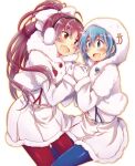  2girls :d apple blue_eyes blue_hair blue_pantyhose bow buttons capelet earmuffs fangs floating_hair food fortissimo fruit hair_bow hair_ornament holding_hands hood long_hair mahou_shoujo_madoka_magica miki_sayaka mittens multiple_girls musical_note musical_note_hair_ornament open_mouth pantyhose pikachi pleated_skirt ponytail red_eyes red_pantyhose redhead sakura_kyouko short_hair skirt smile suspenders white_bow white_capelet white_mittens winter_clothes 