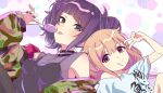  2girls :q back-to-back bare_shoulders black_shirt blonde_hair blush breasts brown_eyes camouflage camouflage_jacket candy choker collarbone diagonal_bangs earrings eating food futaba_anzu highres holding holding_candy holding_food holding_lollipop idolmaster idolmaster_cinderella_girls idolmaster_cinderella_girls_starlight_stage idolmaster_shiny_colors jacket jewelry knee_up lollipop long_hair looking_at_viewer lying_on_person medium_breasts multiple_girls nail_polish polka_dot polka_dot_background purple_hair purple_nails shirt short_twintails smile t-shirt tanaka_mamimi ten231523_2 tongue tongue_out twintails v very_long_hair violet_eyes 