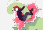  1boy black_jacket closed_mouth commentary_request cowlick hanging jacket long_hair looking_back male_focus meganium monji_samonji pants pokemon pokemon_(creature) pokemon_(game) pokemon_hgss purple_pants redhead shoes silver_(pokemon) simple_background white_background yellow_eyes 