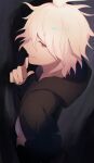  1boy danganronpa_(series) danganronpa_2:_goodbye_despair green_jacket grey_eyes hair_between_eyes hand_on_own_chin hand_up highres hood hood_down hooded_jacket jacket komaeda_nagito kuroto_(cfdg3537) long_sleeves male_focus medium_hair messy_hair pants shirt solo teeth white_shirt 