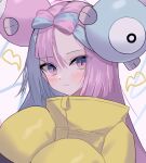  1girl blue_hair blush bow-shaped_hair character_hair_ornament closed_mouth eyes_visible_through_hair hair_ornament hands_up highres iono_(pokemon) jacket long_hair long_sleeves looking_at_viewer low-tied_long_hair multicolored_hair nintendo osanzi oversized_clothes pokemon pokemon_(game) pokemon_sv portrait purple_hair simple_background sleeves_past_fingers sleeves_past_wrists solo split-color_hair two-tone_hair upper_body very_long_sleeves violet_eyes white_background yellow_jacket 