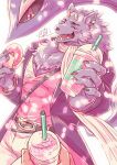  1boy ambiguous_gender bathym_(housamo) cherry_blossoms claws closed_eyes cup demon demon_horns demon_tail doughnut drink ear_piercing fangs food furry furry_male furry_with_non-furry holding holding_cup holding_food horns interspecies open_mouth piercing tail tokyo_afterschool_summoners white_background zinpati 
